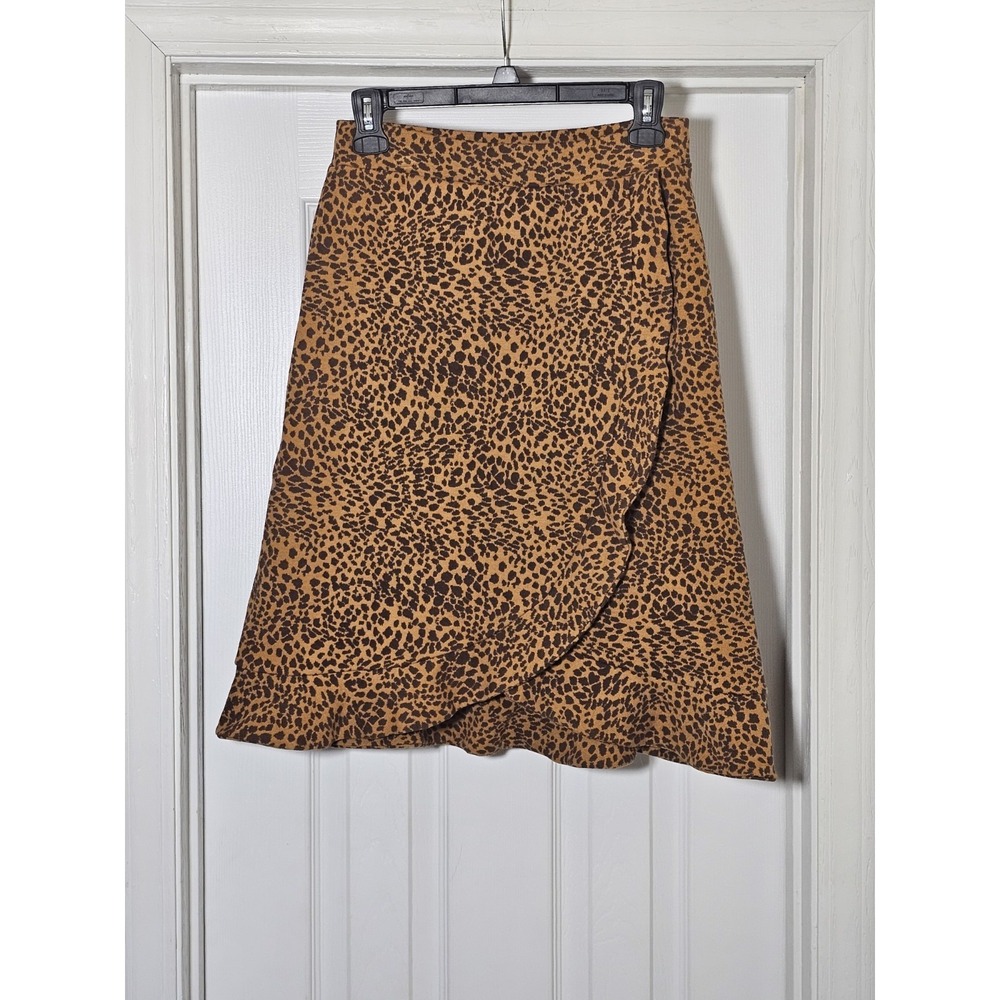 Kettlewell Faux Wrap Animal Print Skirt Women's Size Small Brown Ruffle Hem
